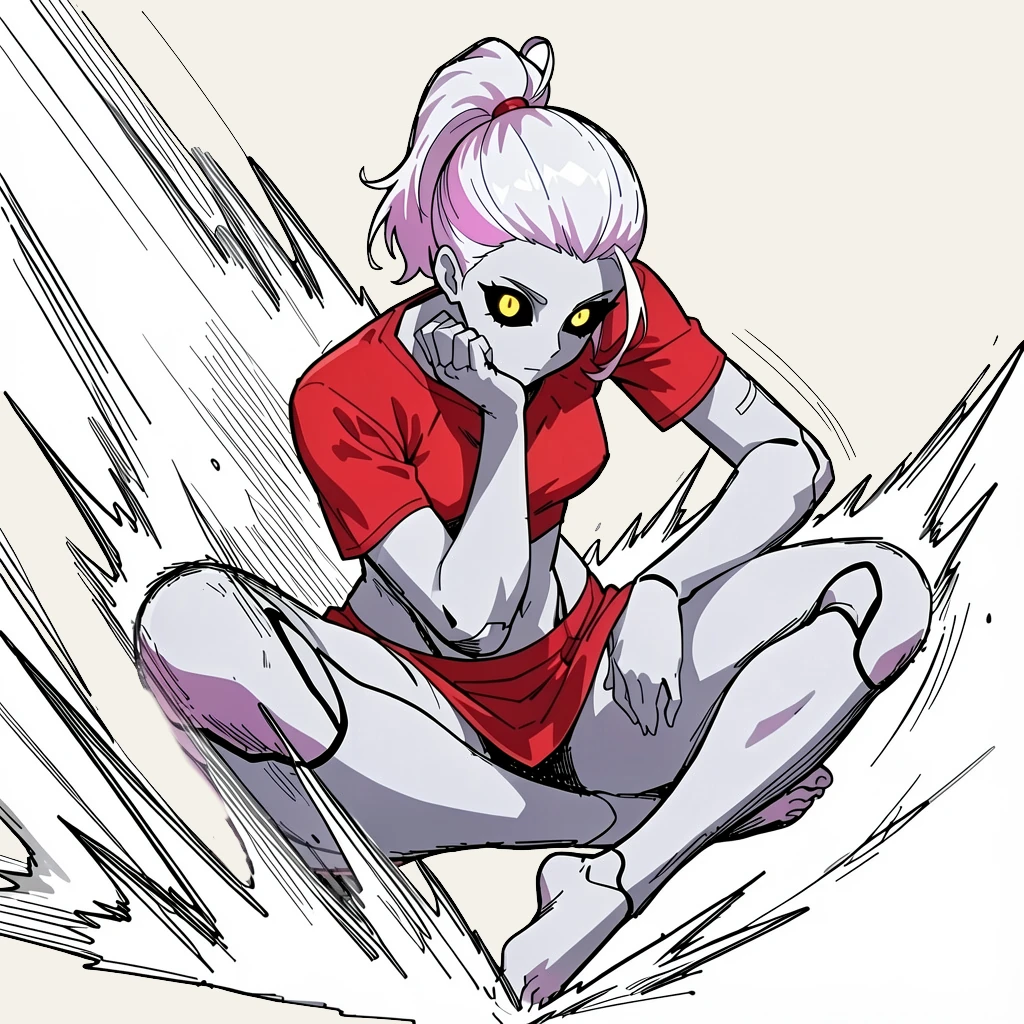 EGI sitting, chin on her fist, waiting